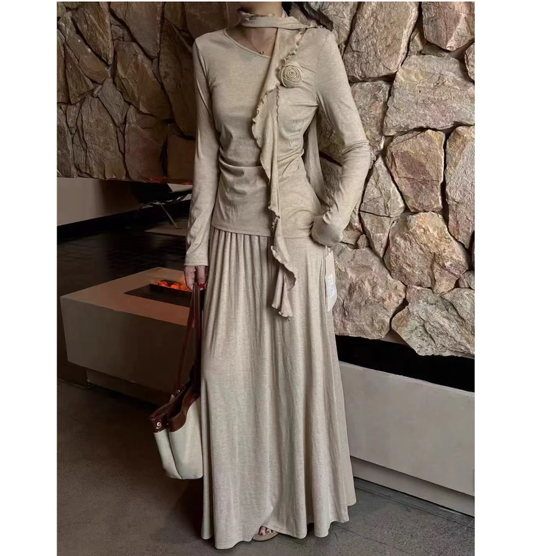 【嘎嘎推荐】早秋韩系温柔风高级垂坠感立体花朵飘带针织套装