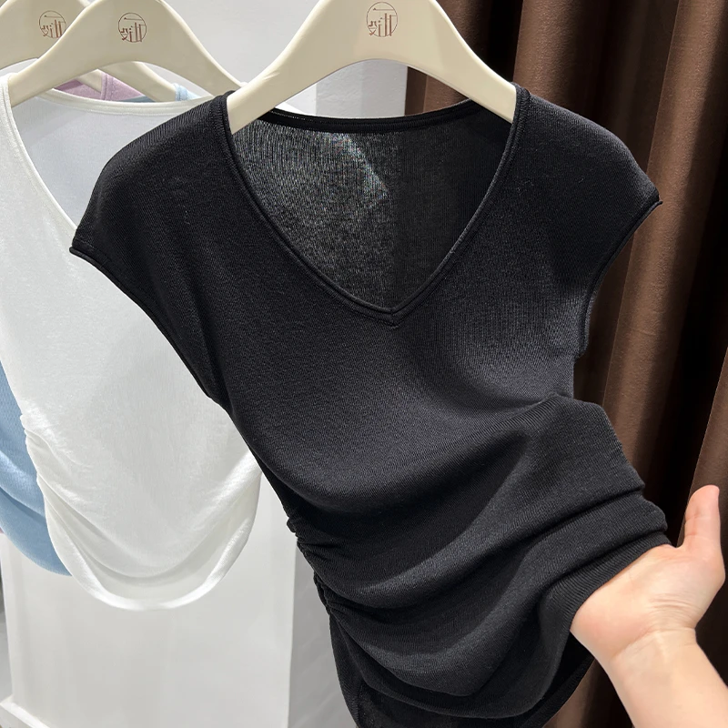 黑色莱赛尔v领薄款针织T恤2025夏季爆款简约时尚短款紧身显瘦上衣