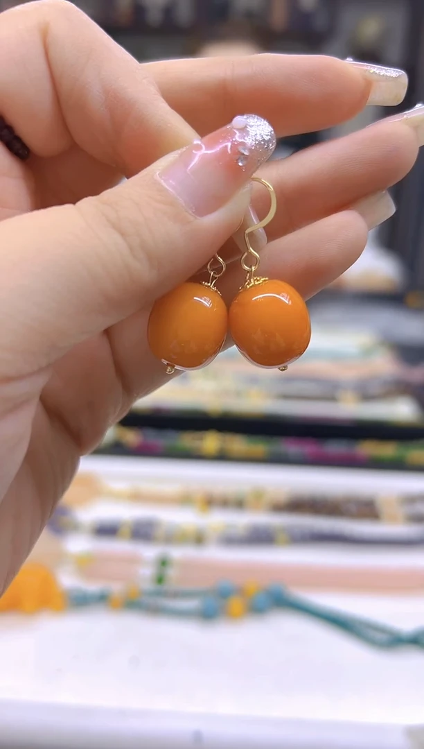 14K金镶嵌蜜蜡耳饰DIY款E72