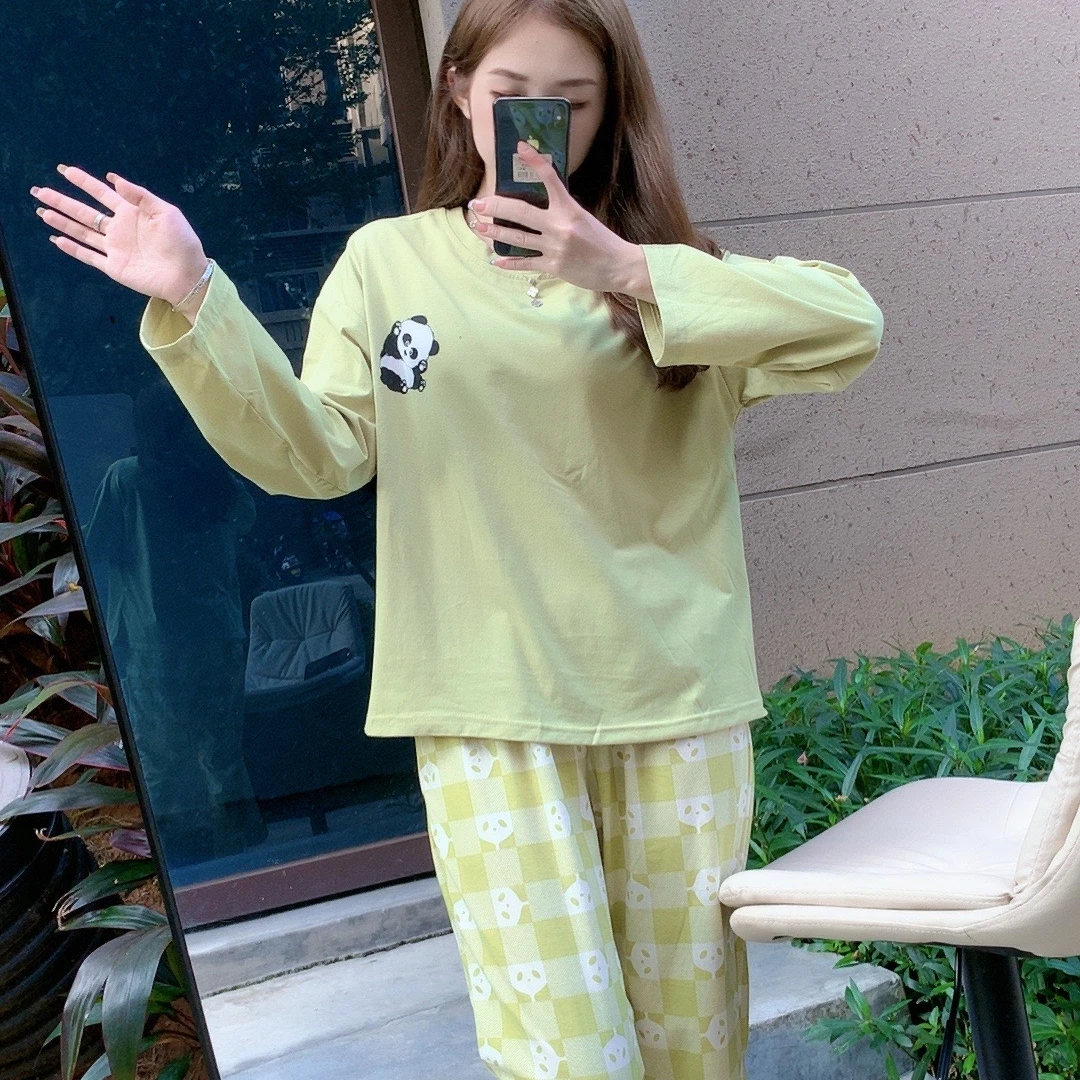 172#实体高端货100%纯棉果绿色带胸垫长袖长裤套头女士睡衣家居服