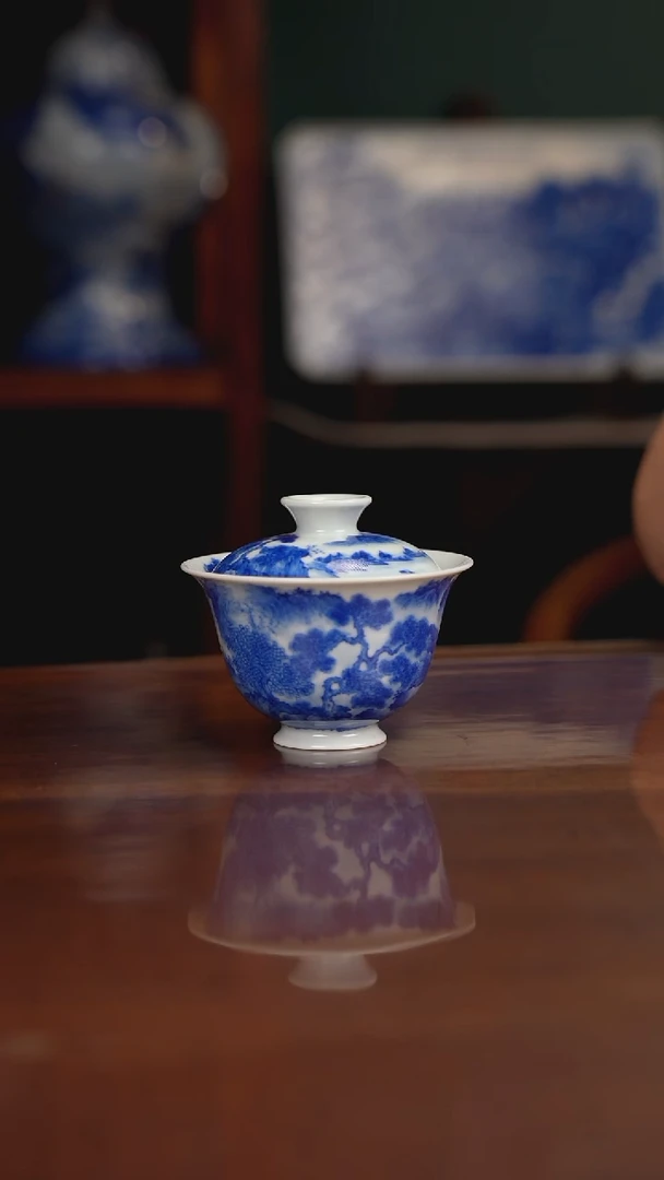 晓月柴窑 山水盖碗