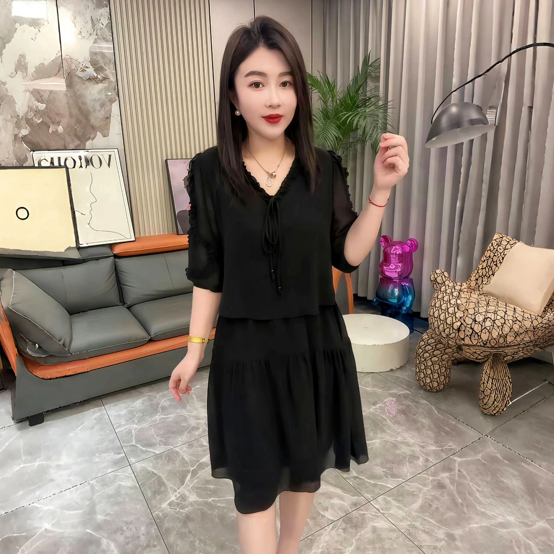 DIYAN显瘦拼接抹胸型夏季时尚黑色气质洋气遮肚子假两件连衣裙