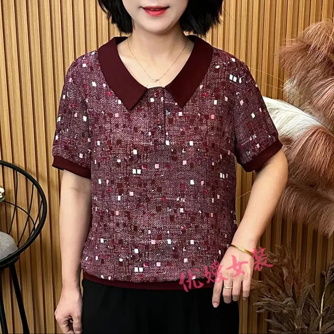 夏季新款时尚洋气翻领短袖T恤波点宽松显瘦减龄休闲百搭上衣小衫