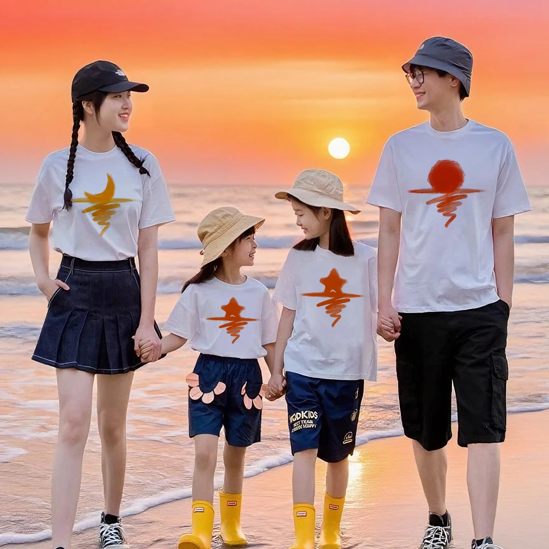 一家三四口全家庭海边旅游母女子亲子套装2025夏新爆款半短袖t恤