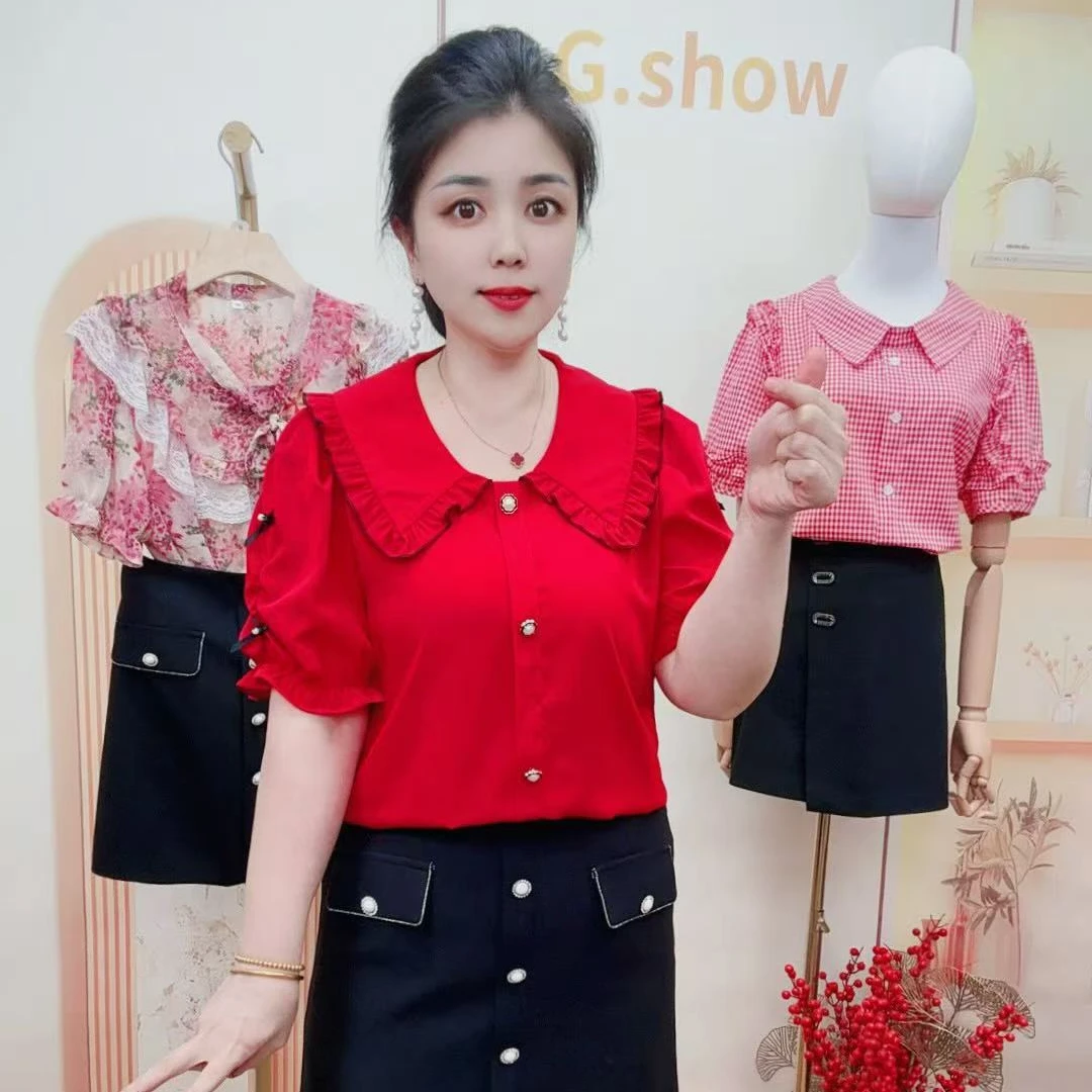 时尚花边灯笼袖轻奢洋气减龄显瘦遮肚子百搭上衣（8096）