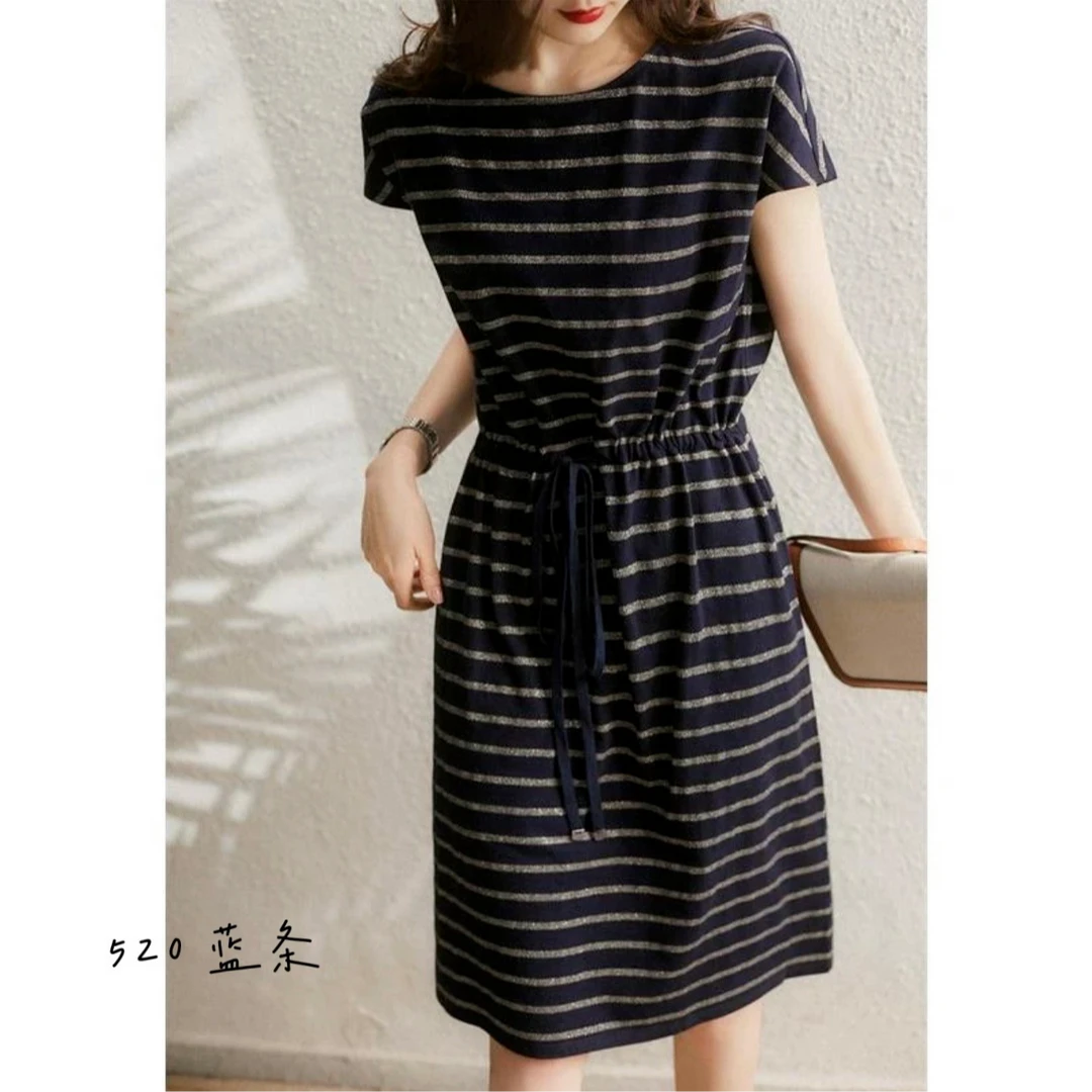 2023年夏季新款宽松收腰显瘦衣服亮丝条纹连肩袖抽绳连衣裙女
