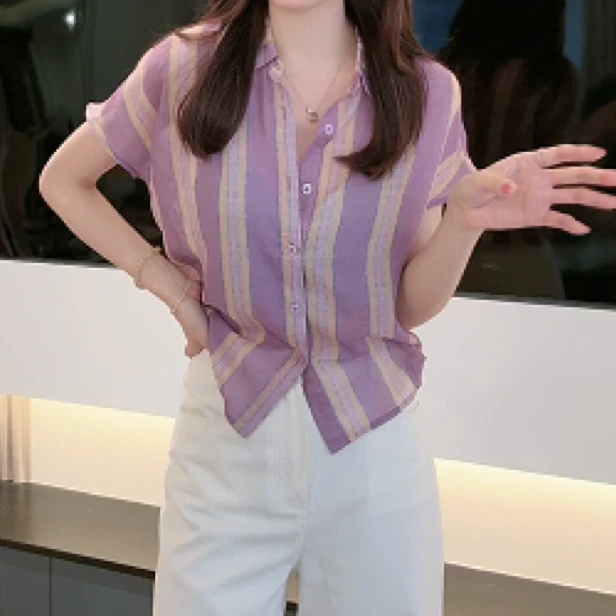 洋气设计感拼色小衫慵懒短袖衬衫2025夏季新款气质显瘦百搭衬衣