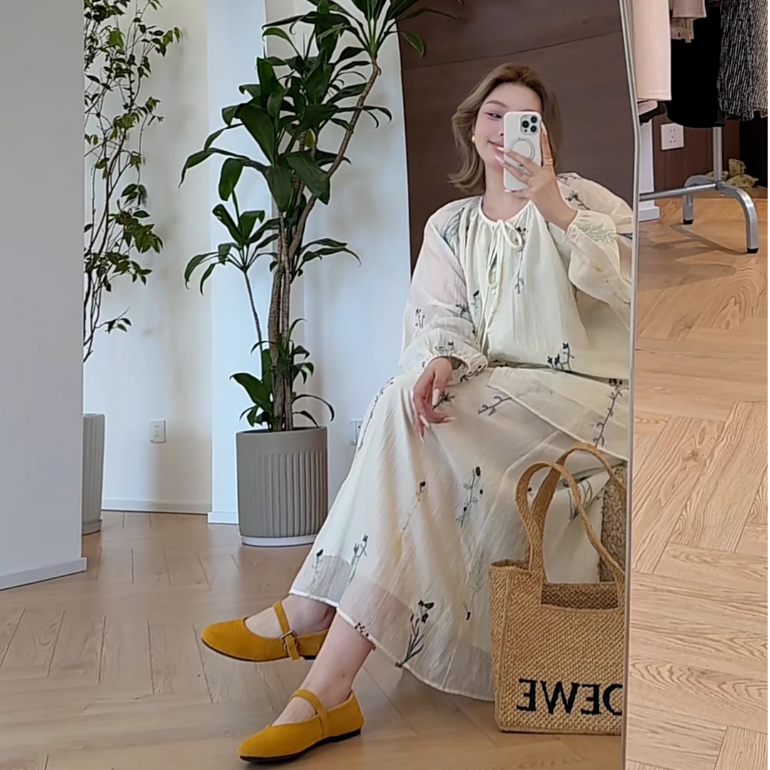 【瘦瘦】人间精灵-大码夏季系带刺绣衬衫+松紧腰半身裙套装裙S01398