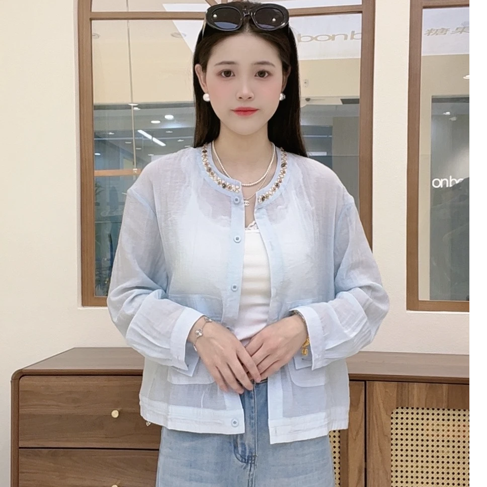 【三懿服饰】新款防嗮衣欧货圆领手工钉珠双口袋长袖衬衫-5620