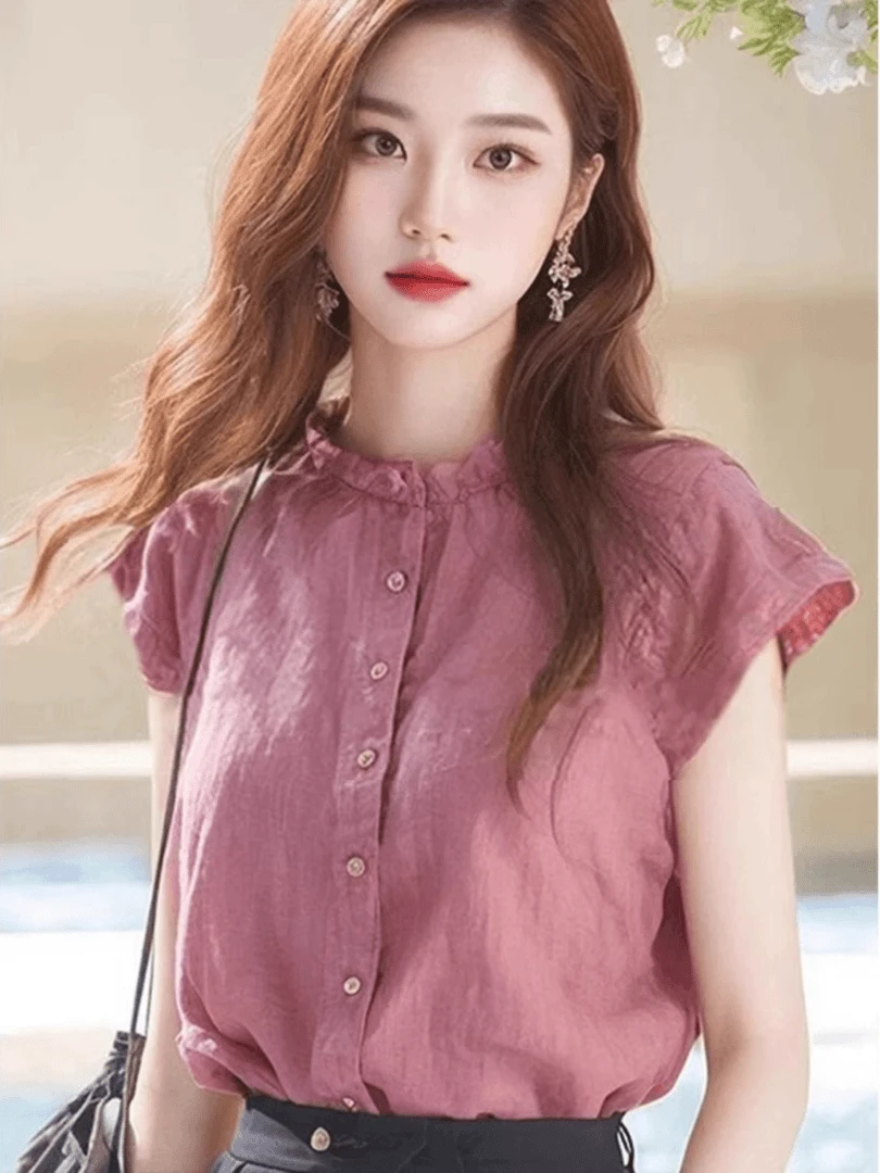木耳边立领亚麻短袖衬衫女士小众夏季春夏季独特别致漂亮小衫上衣