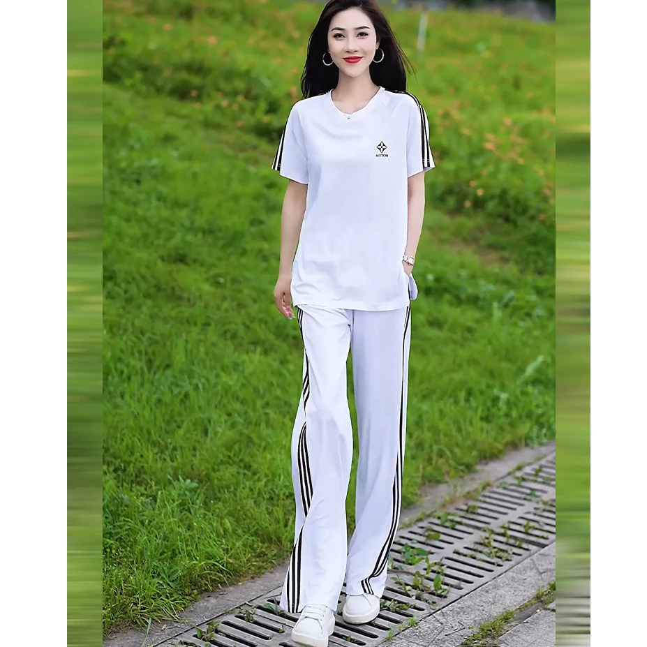 冰丝休闲运动套装女夏季新款时尚宽松大码短袖阔腿裤两件套潮6779