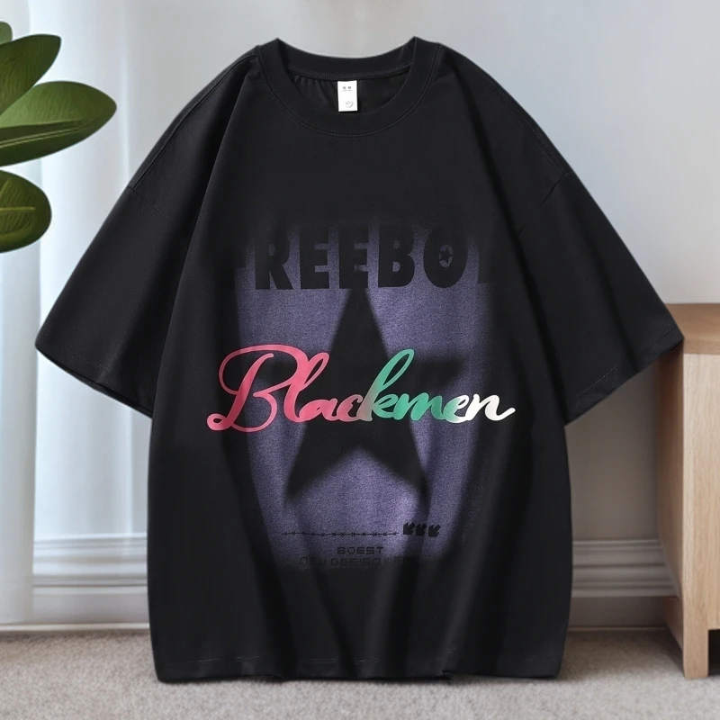 夏季圆领短袖T恤男生港风新款百搭休闲时尚帅气宽松潮流印花大码