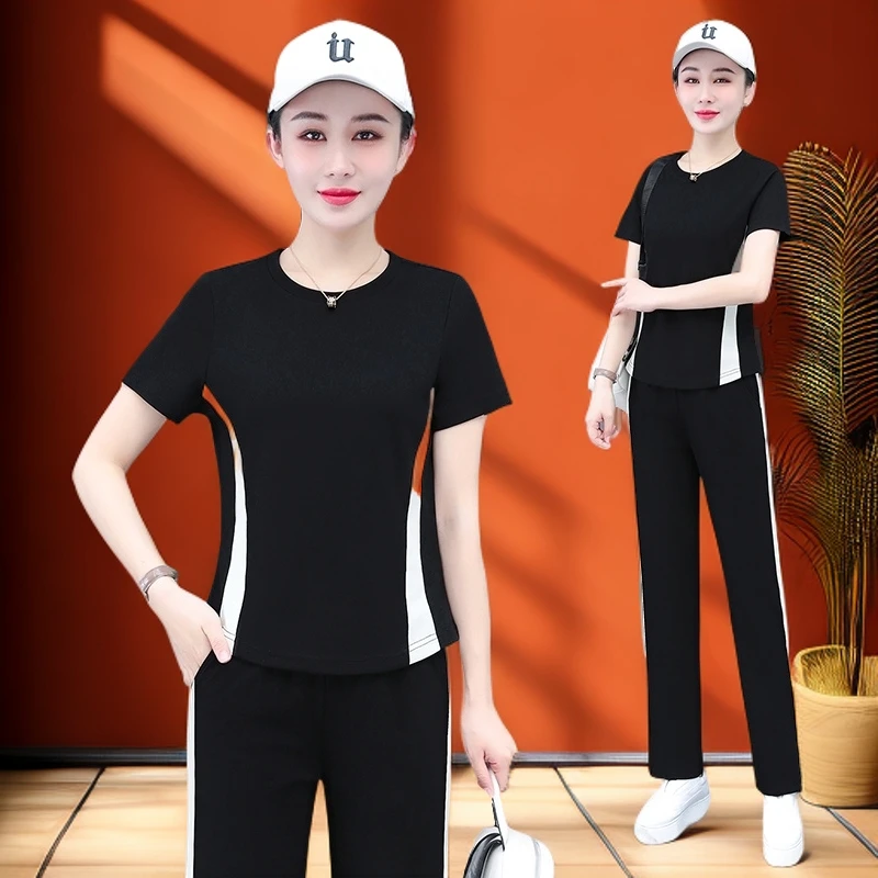 皮尔卡丹冰丝运动服套装女士夏季新款时尚洋气减龄短袖长裤两件套