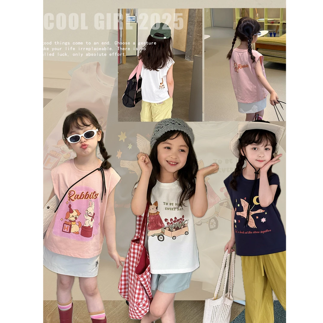 【现货】女童个性前后印花无袖T恤儿童休闲韩版卡通可爱背心25D164