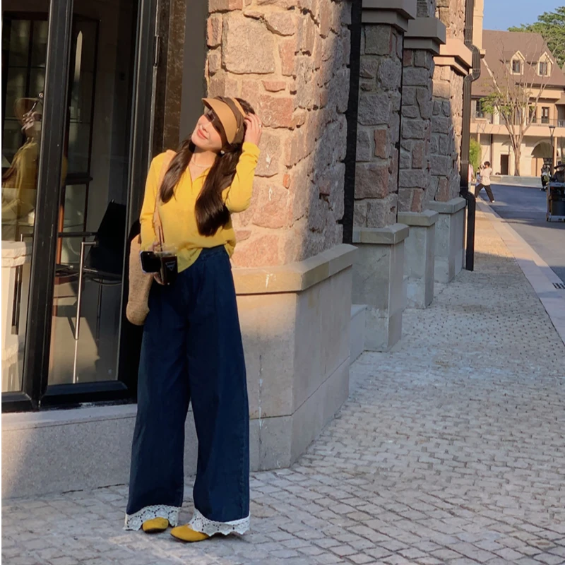 YPP！【蕾丝牛仔裤】手感chao赞~设计感深蓝显瘦直筒蕾丝拼接牛仔裤