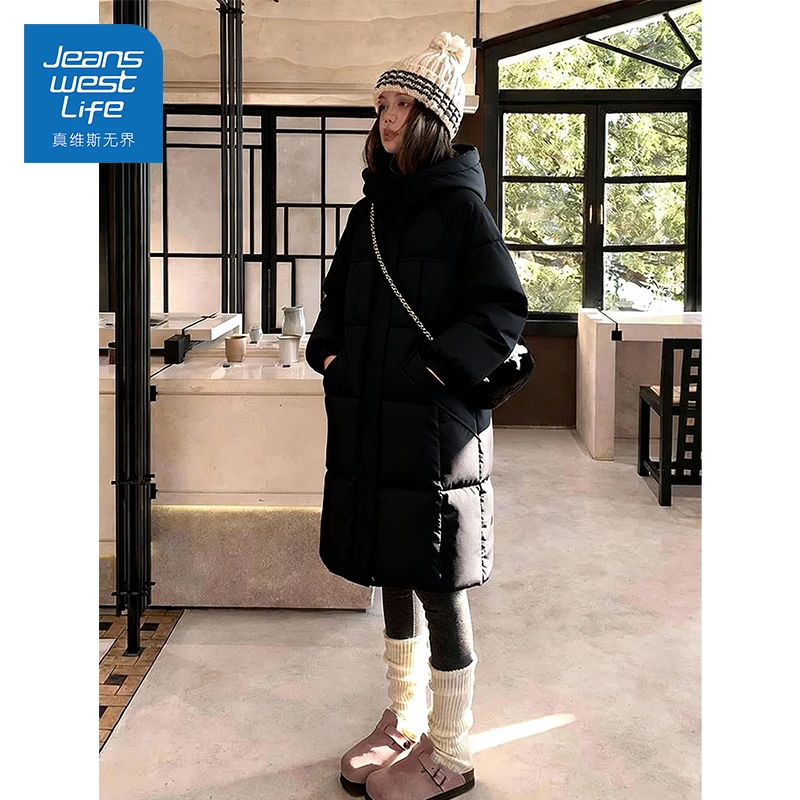 真维斯无界冬季连帽中长款棉服复古宽松韩版过膝保暖工艺设计感款