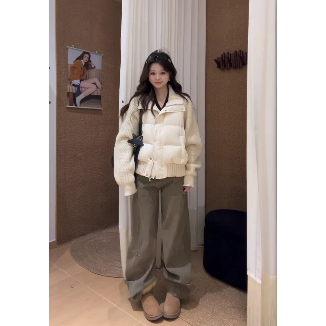 MARIE.COCO韩系针织拼接棉服女秋冬季设计感保暖显瘦百搭立领外套
