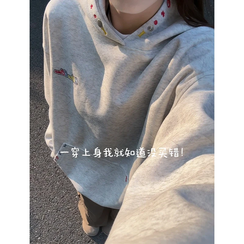 重磅彩虹刺绣连帽卫衣男砂洗做旧设计感外套潮牌cleanfit休闲上衣