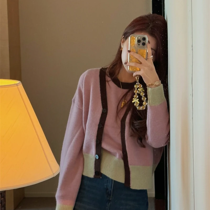 YPP!【桃柔奶芝】小众高级感撞色小香风慵懒开衫内搭女士外搭开衫