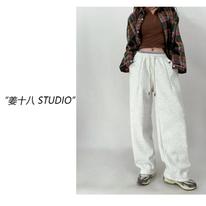 姜十八-「腰间格子裤」韩国单！保暖加绒阔腿百搭弯刀裤