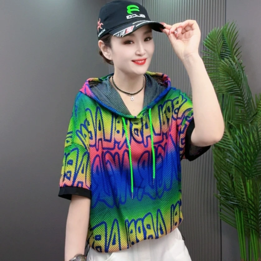 欧货新款时尚休闲洋气宽松连帽网纱 030