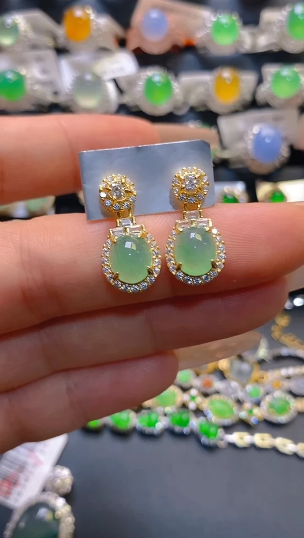 翡翠银S925镶嵌耳饰天然