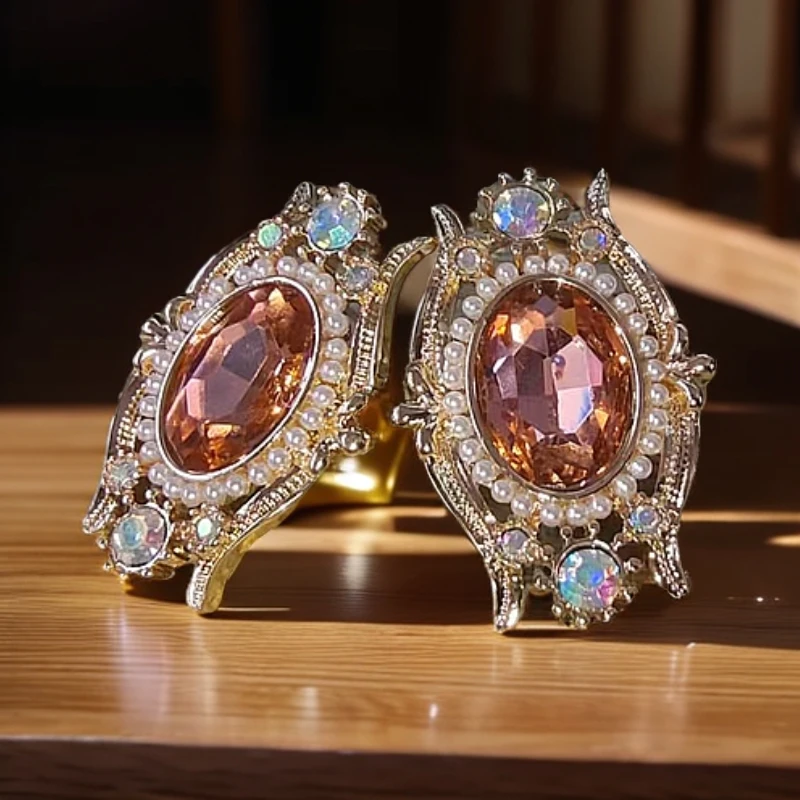 合金仿水晶耳饰 时尚法式女宫廷素款耳钉复古彩色古风设计风中古