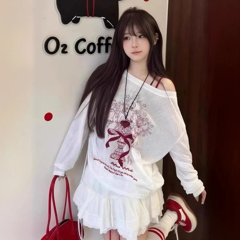 2025夏季新款宽松百搭长袖T恤女涂鸦斜肩慵懒风防晒罩衫