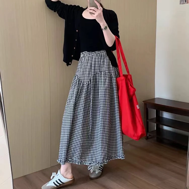 日系风木耳花边大摆A字格子半身裙女2025春秋季新款休闲百搭长裙