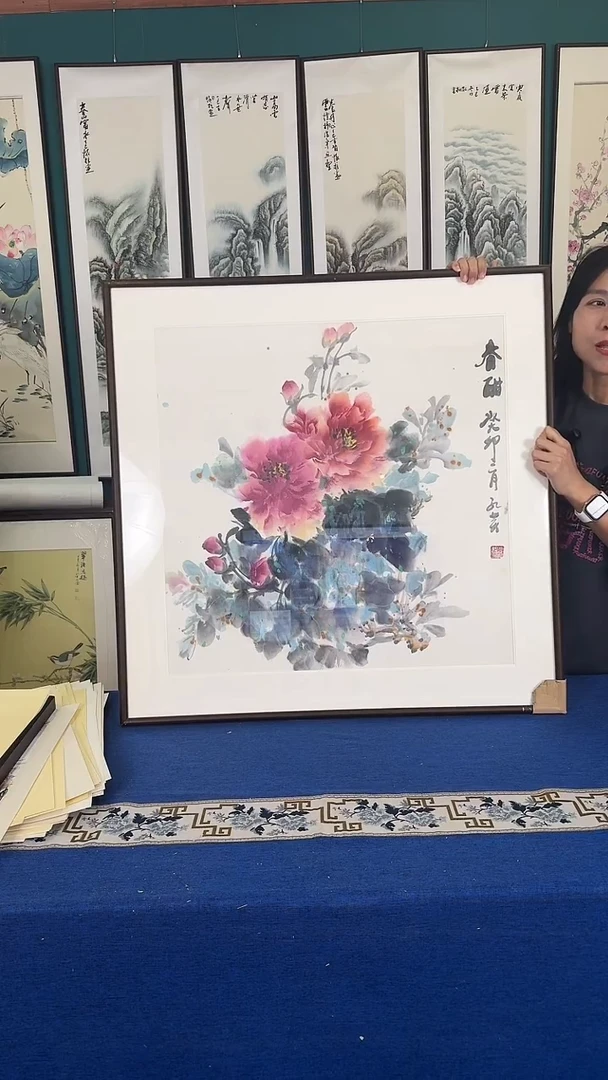 国画牡丹实木装裱83*83