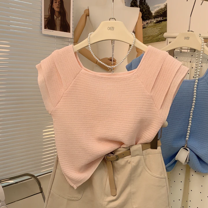 【现货】纯色插肩袖短款冰丝短袖夏季2024新款镂空时尚毛衣针织衫