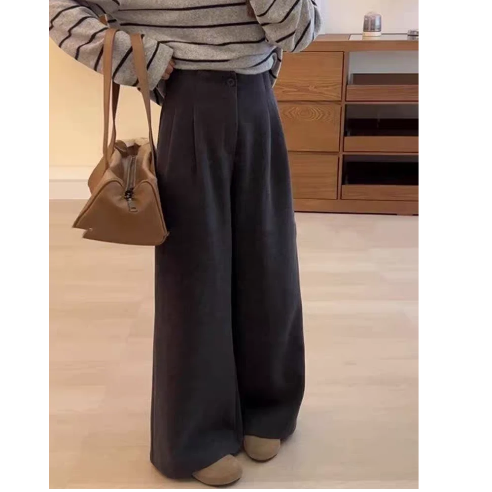 【现货➕运费险】慵懒高级感灰色毛呢裤子女款高腰直筒裤阔腿裤