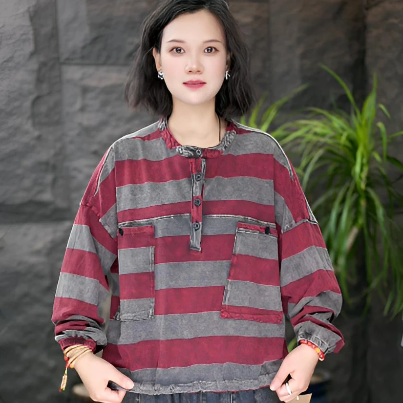 FF秋季条纹短款时尚百搭薄款卫衣格纹撞色厚款宽松型休闲复古圆领