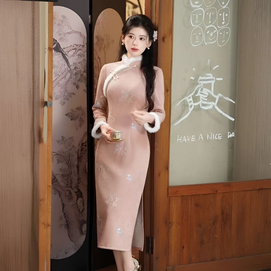 苏故里【山楂树下】冬款文艺气质修身高端日常旗袍奢华气质衣长120
