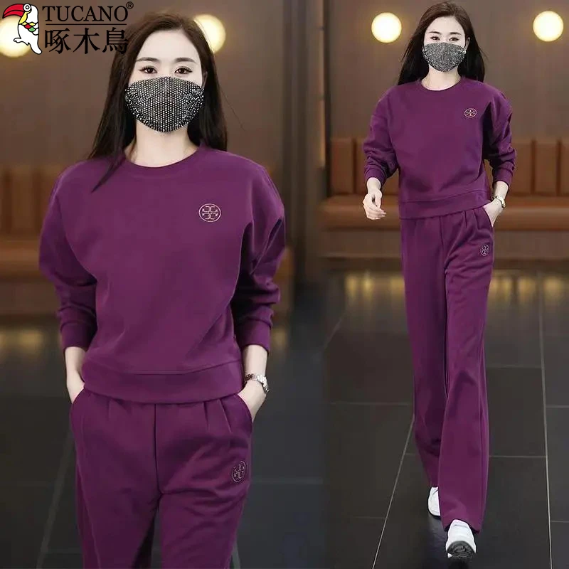 啄木鳥纯棉休闲风运动套装女秋冬新款高级感圆领宽松时尚两件套潮