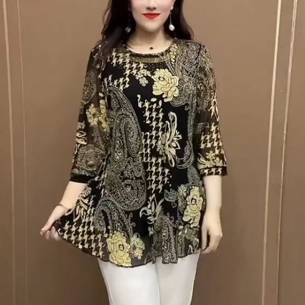 夏季七分袖大码女装雪纺衫2025新款宽松休闲百搭碎花妈妈装大版衫