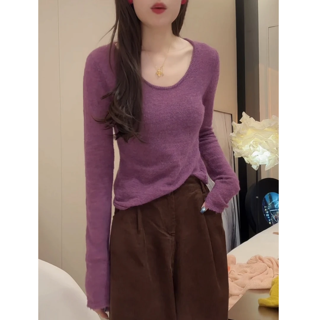 紫色马海毛针织打底衫女秋冬毛衣内搭2025年新款韩系气质长袖上衣