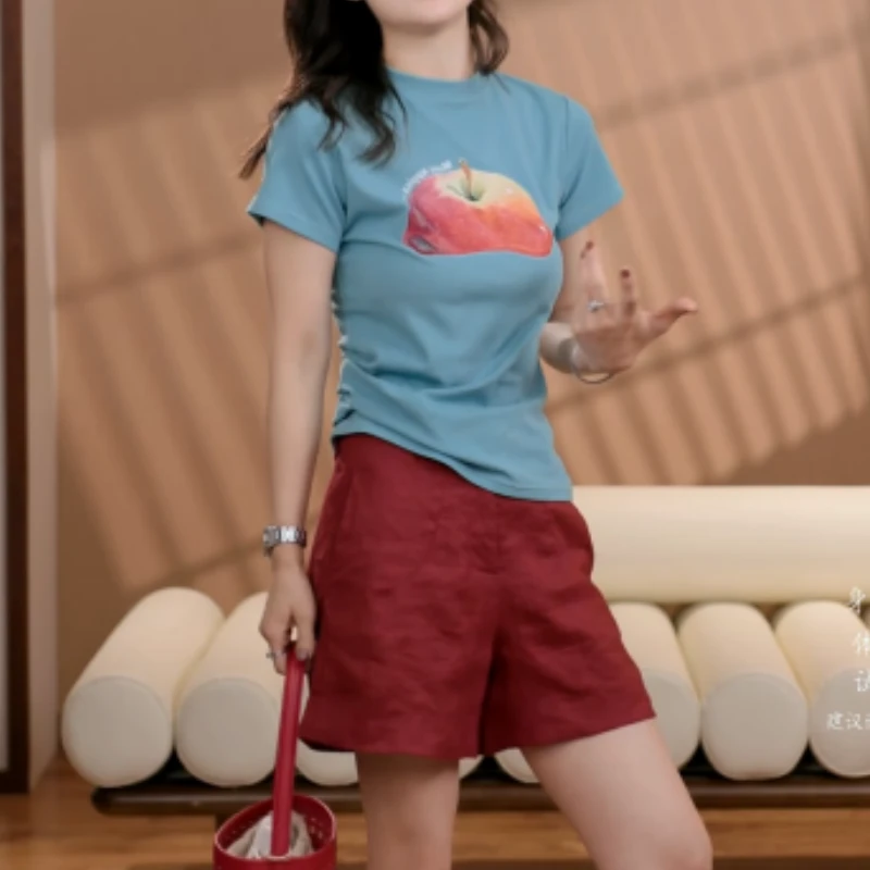 2025夏季女款水果短袖打底T恤+简约百搭纯色短裤LK2502832