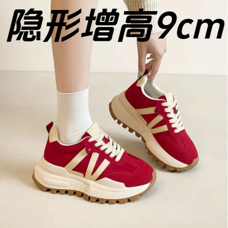 真皮德训鞋女款内增高9cm厚底老爹鞋红色秋冬软底百搭阿甘鞋子