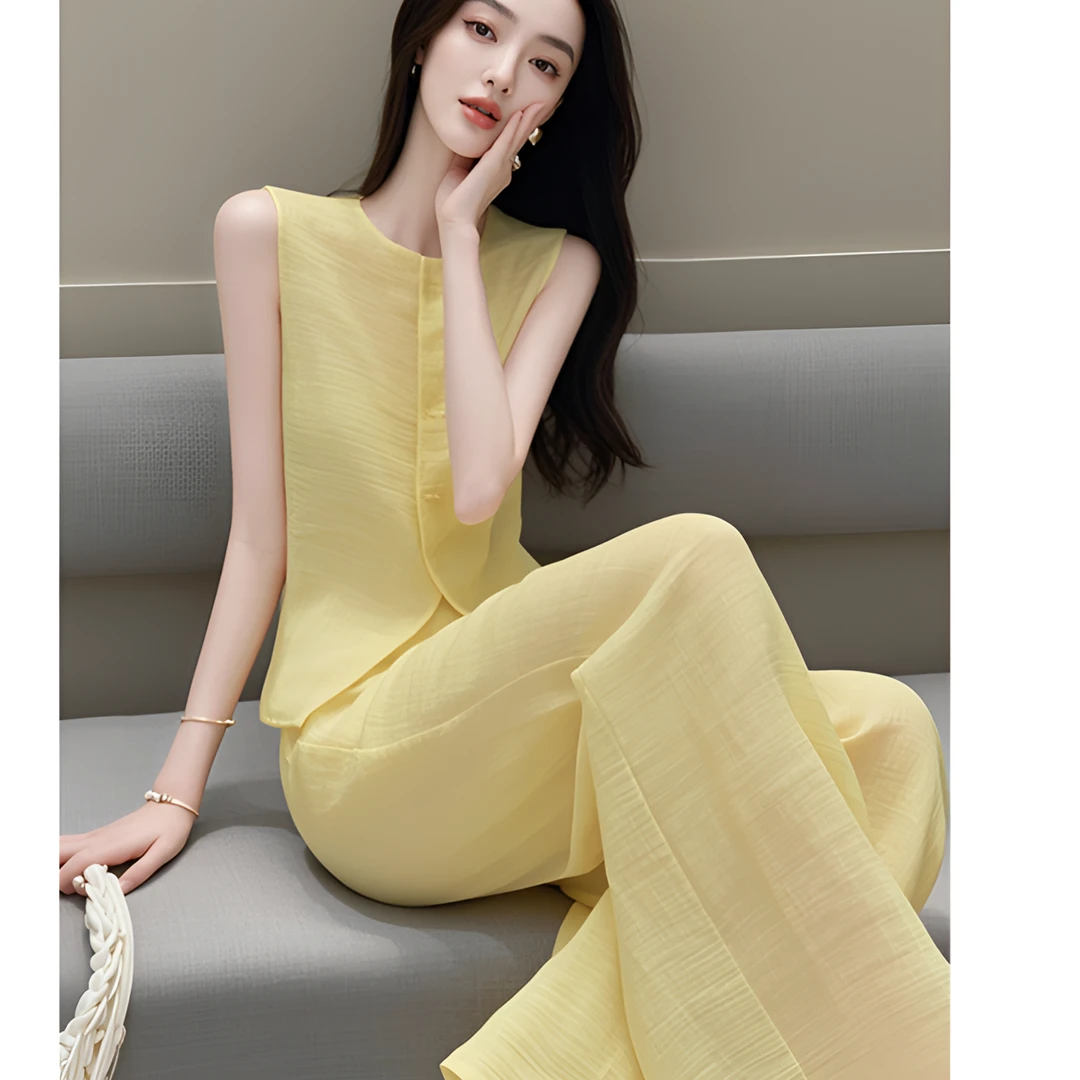 夏季整套法式减龄时尚黄色纯欲慵懒风女装裤子上衣气质休闲套装