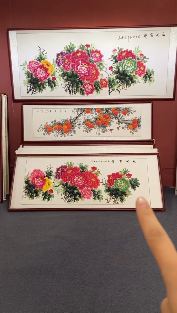 国画手绘国画牡丹花开富贵带框215*85cm