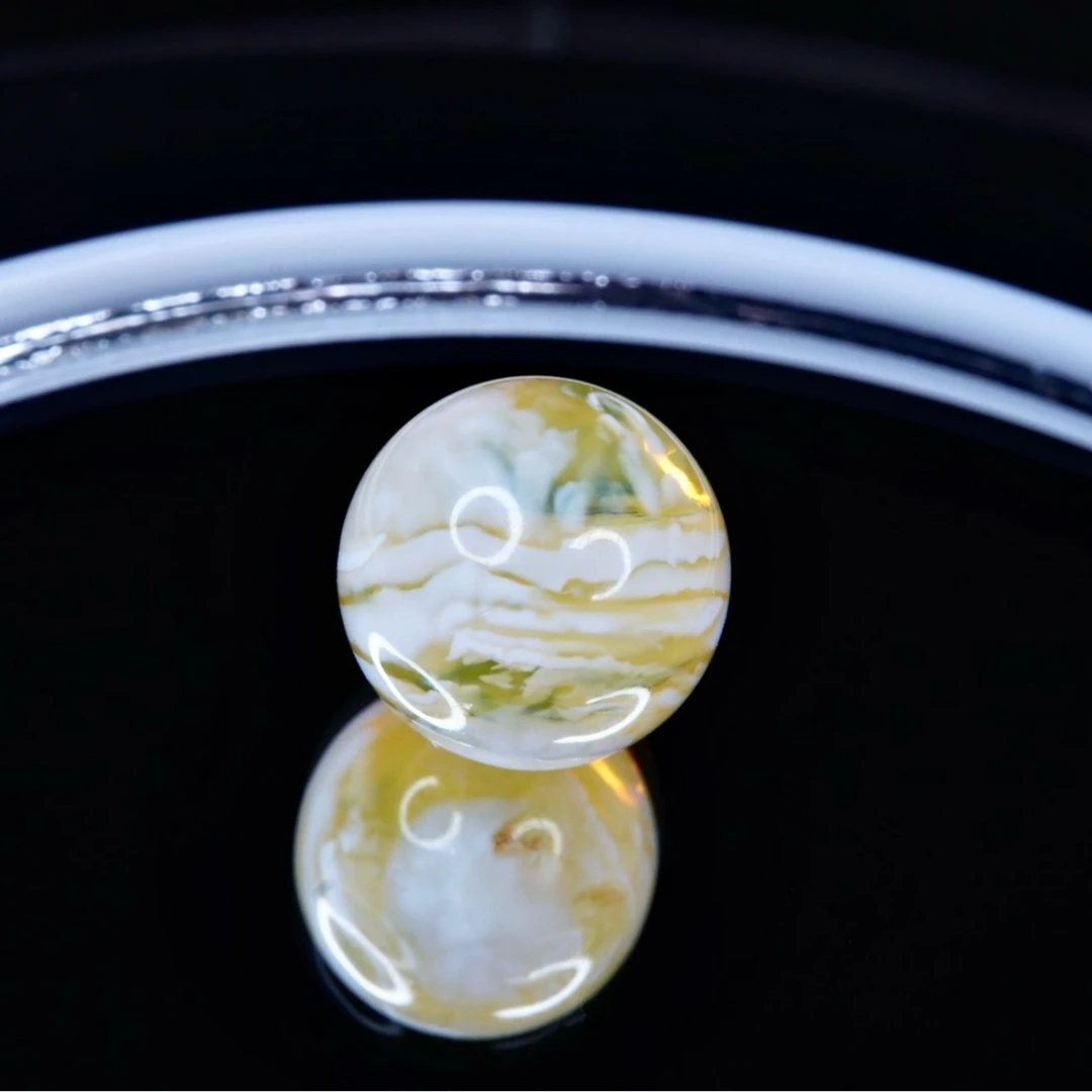 12mm金漆白虎纹荧光溶洞圆珠 天然琥珀蜜蜡精工高端文玩配饰