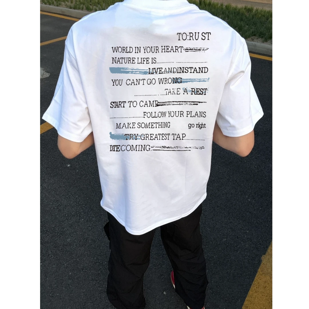 美式街头痞帅字母印花宽松短袖t恤男夏季国潮纯棉重磅小领口上衣