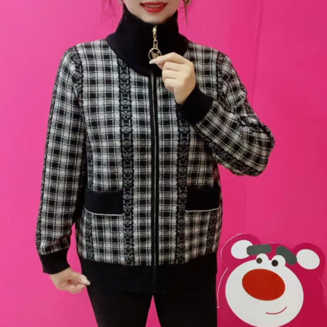 秋冬季复古百搭时尚减龄拼接格子中老年妈妈女装休闲显瘦针织外套