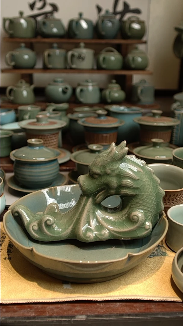 陶豆绿釉一级品龙吸水摆件手机支架