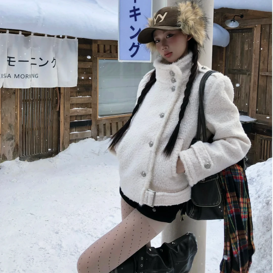 韩系休闲高领毛毛拼接毛呢外套女秋冬季2025今年流行短款呢子大衣