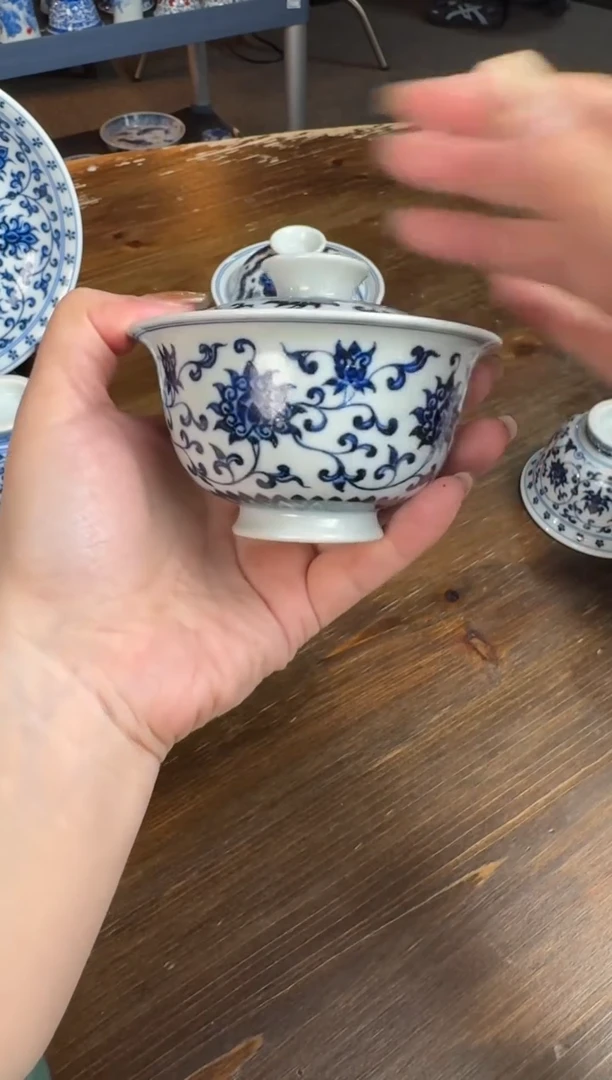 杯子陶瓷三方器合青花金刚莲盖碗