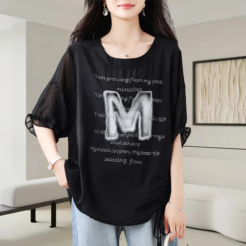时尚字母烫钻圆领短袖恤女2025夏季新款宽松遮肉显瘦休闲百搭上衣