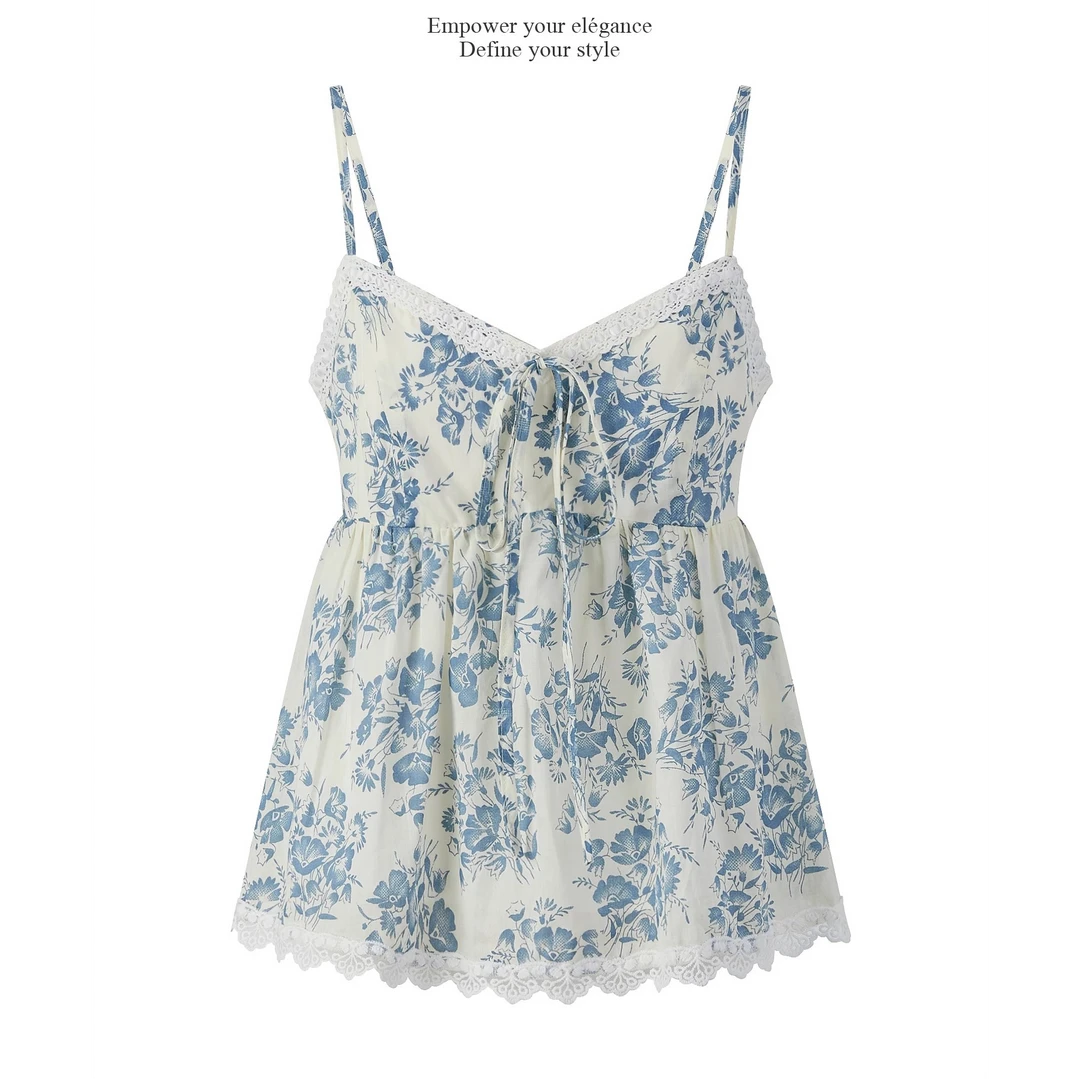 羊城故事-田园风碎花蕾丝花边吊带背心新款复古修身上衣Y50751928