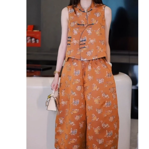 新中式国风洋气减龄穿搭小众独特别致橘色印花上衣套装裤2025夏装